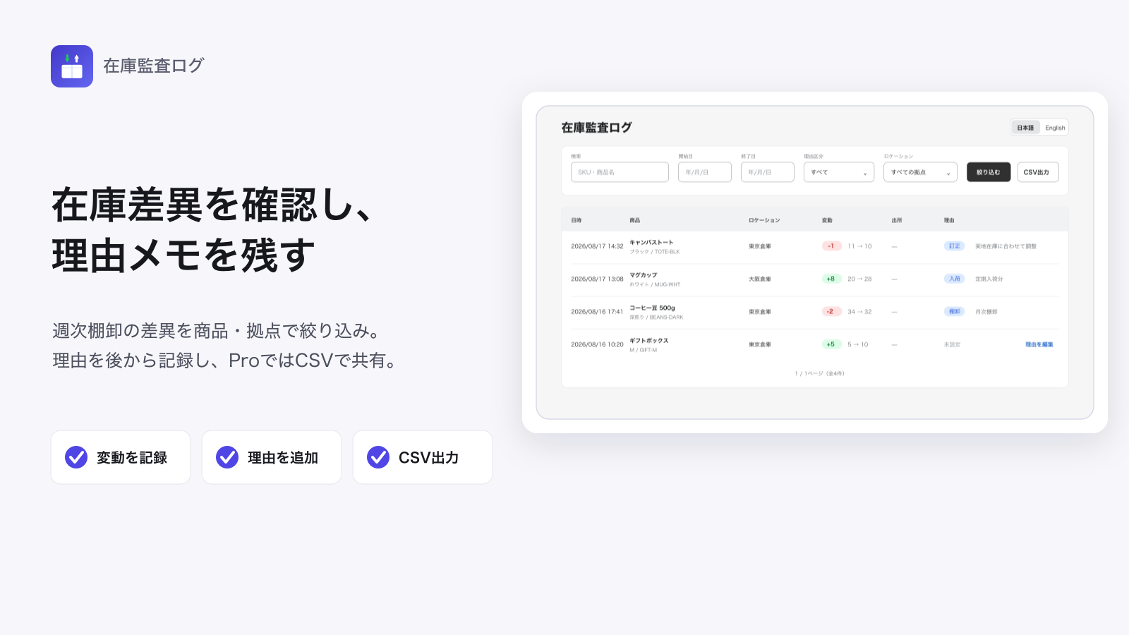 在庫変動の履歴を商品・ロケーション・変動前後の数量とともに一覧している画面イメージ